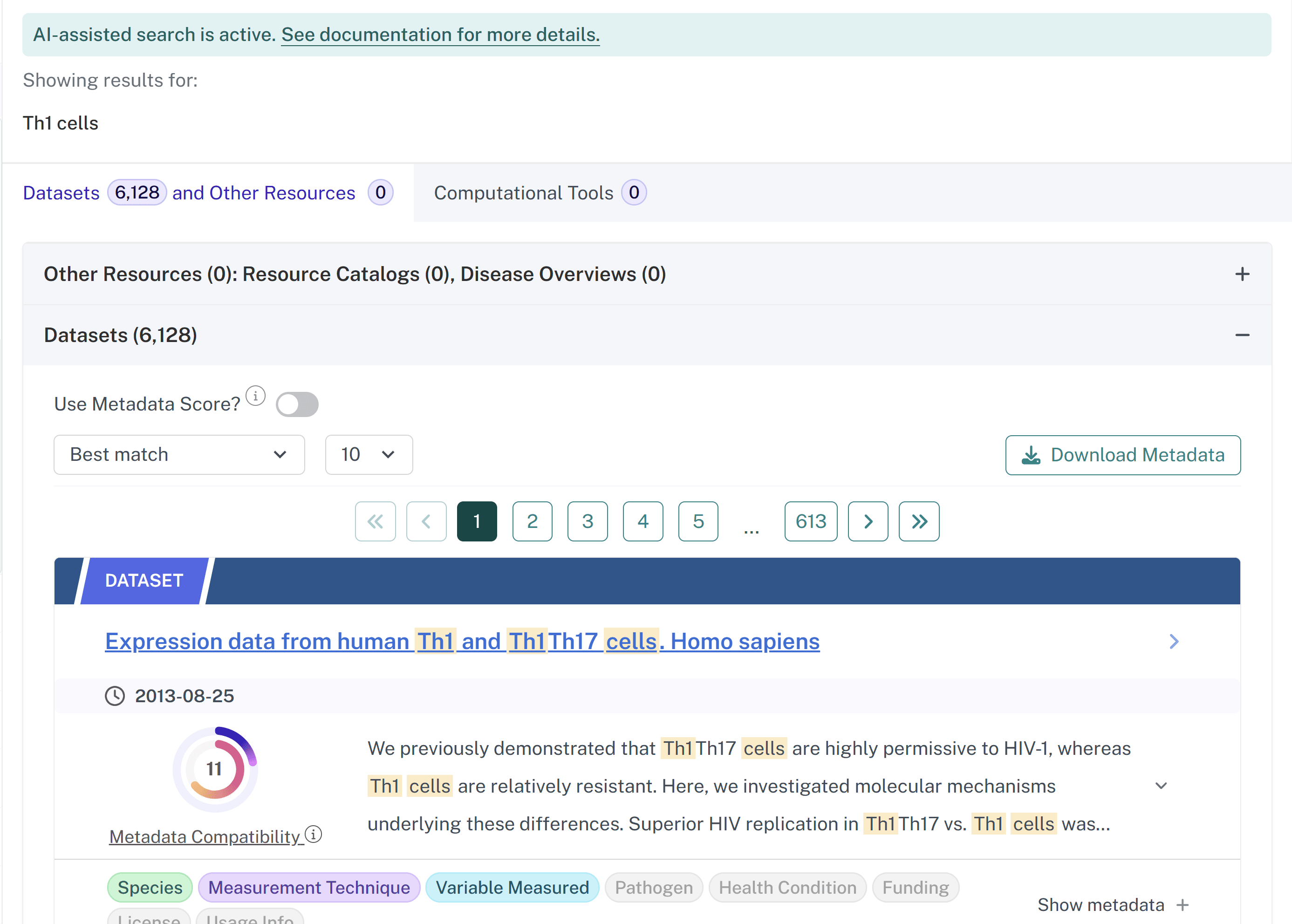 Screenshot of search results page with AI assisted search turned on