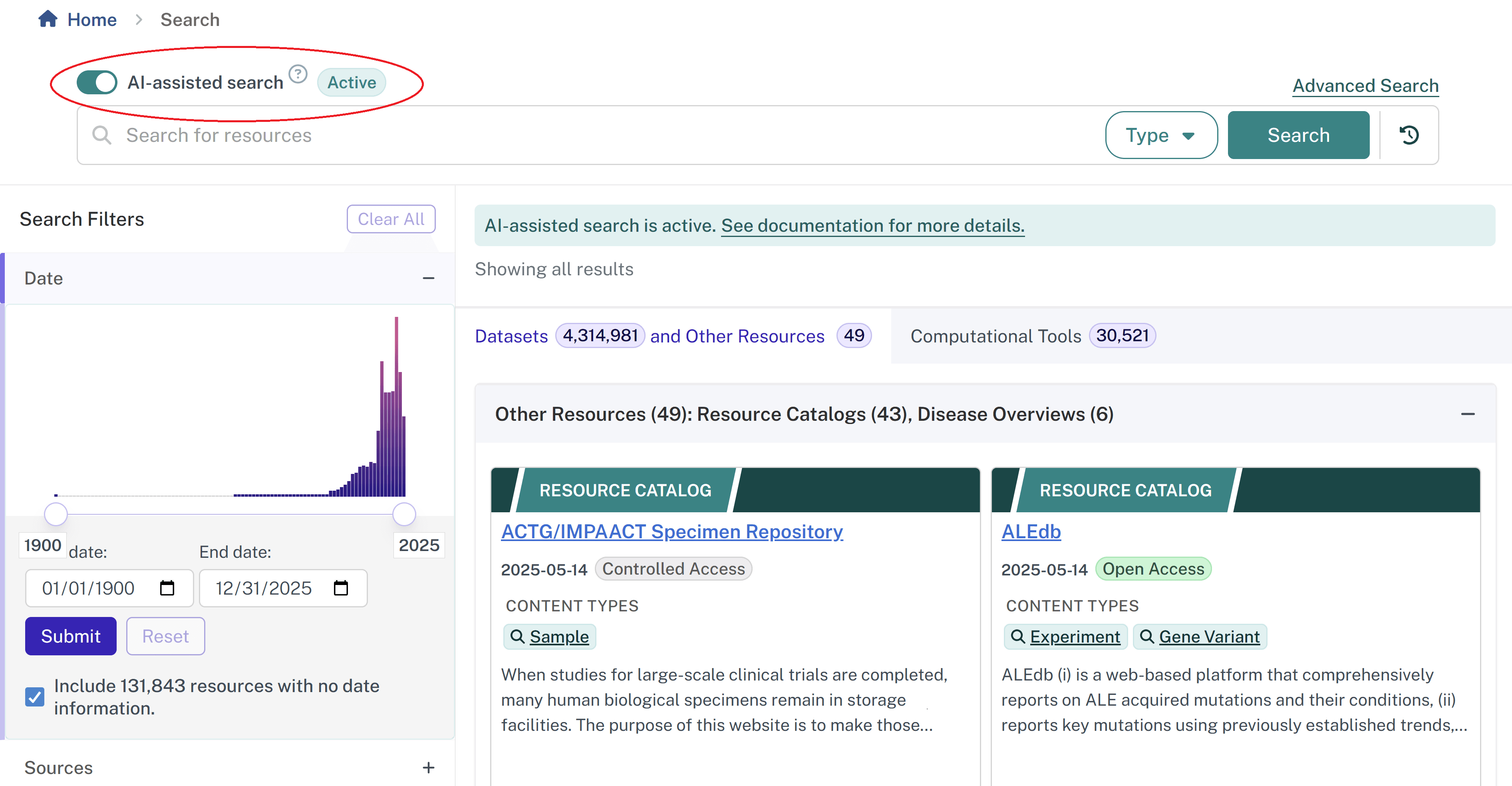 Image of AI assisted search toggle on search page