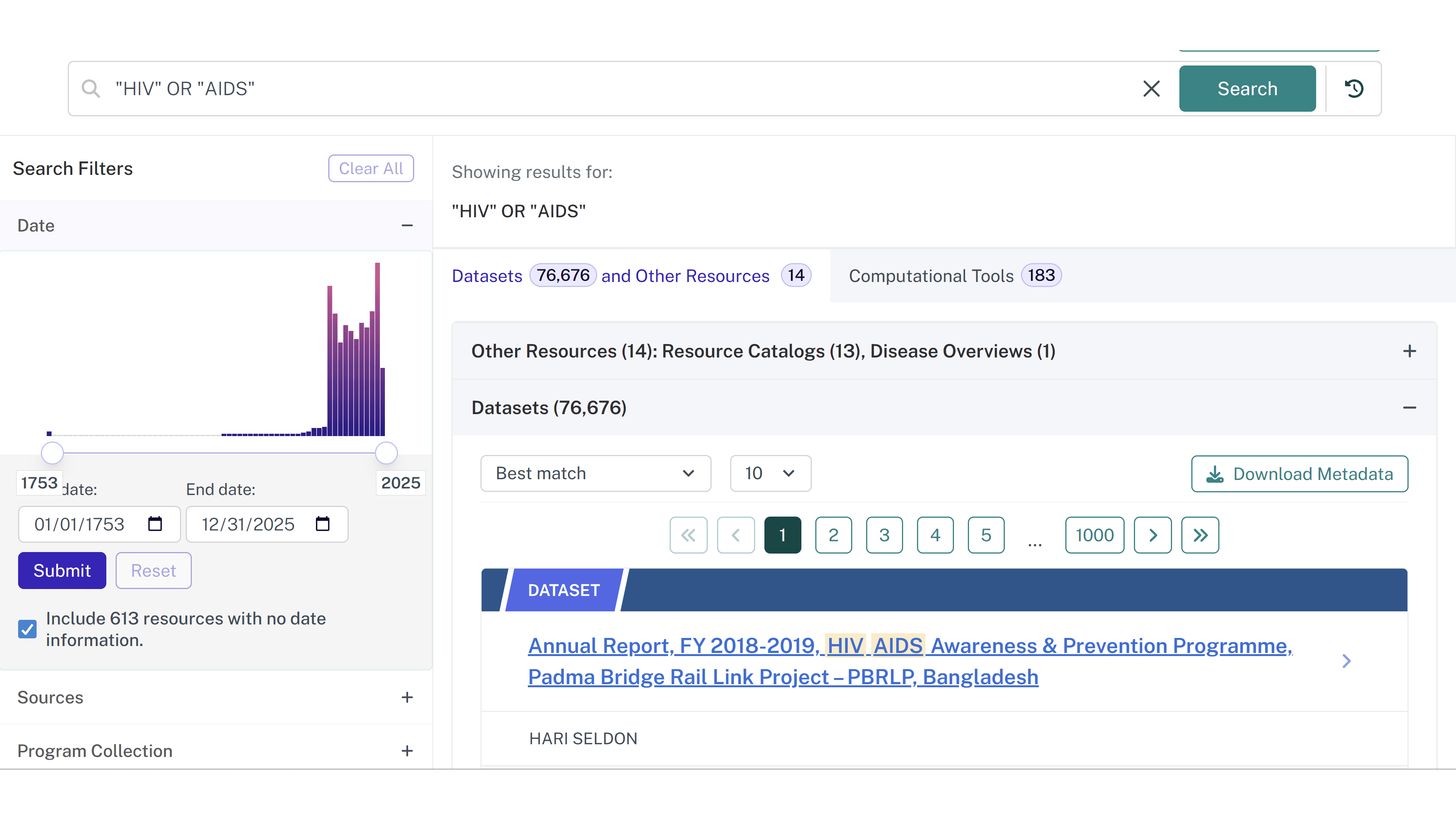 Screenshot of HIV/AIDS search results