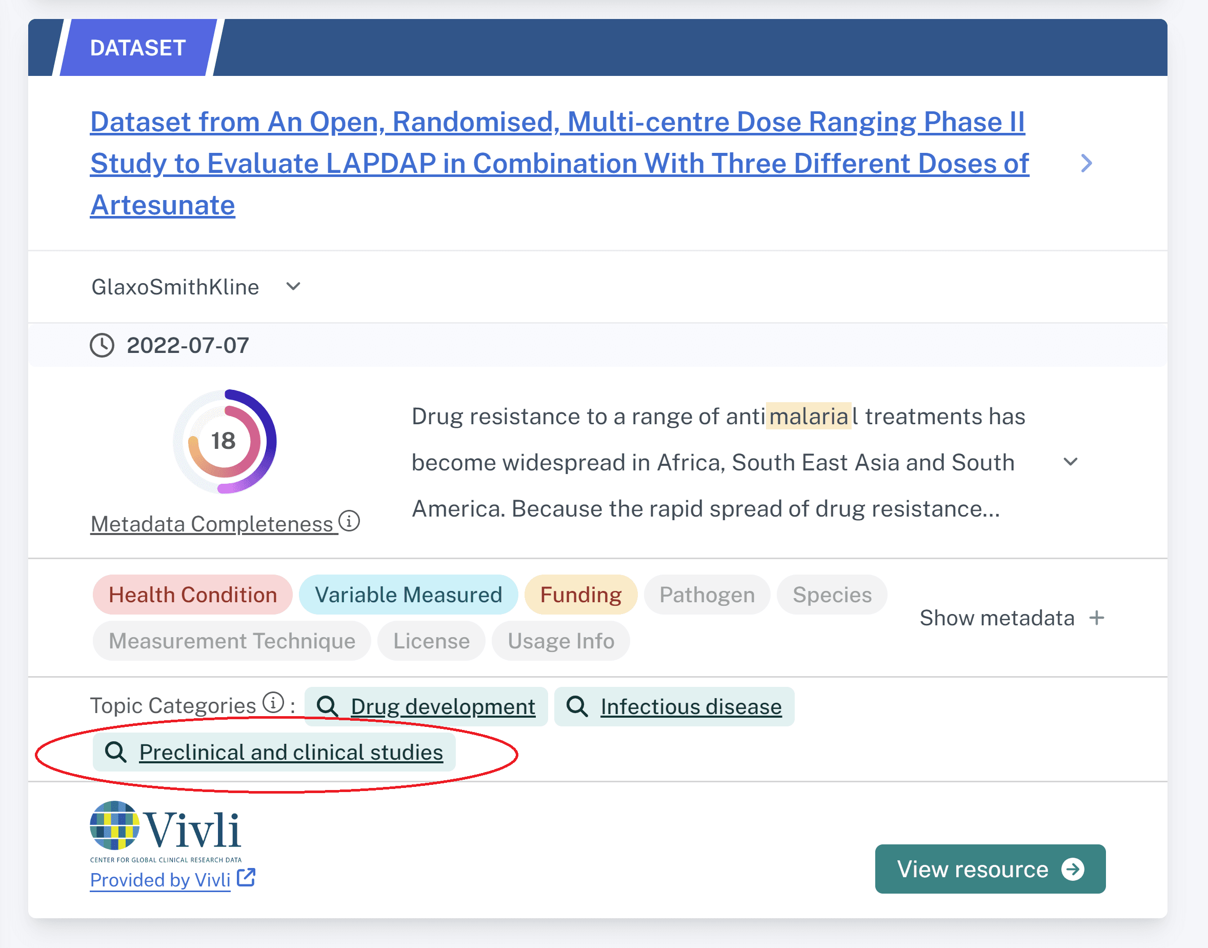 Screenshot of result with Topic Category circled