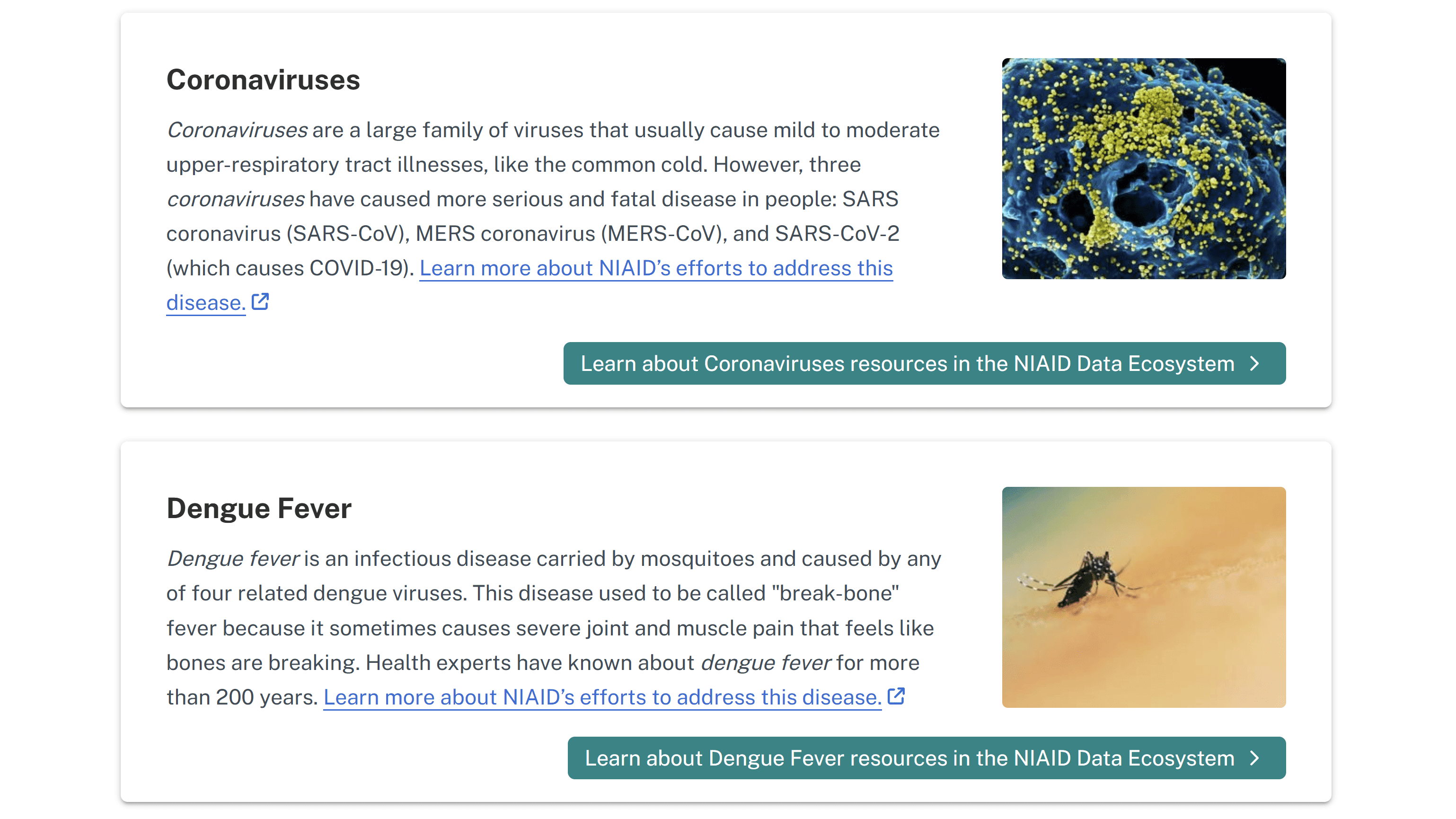 Screenshot of Diseases and Conditions page