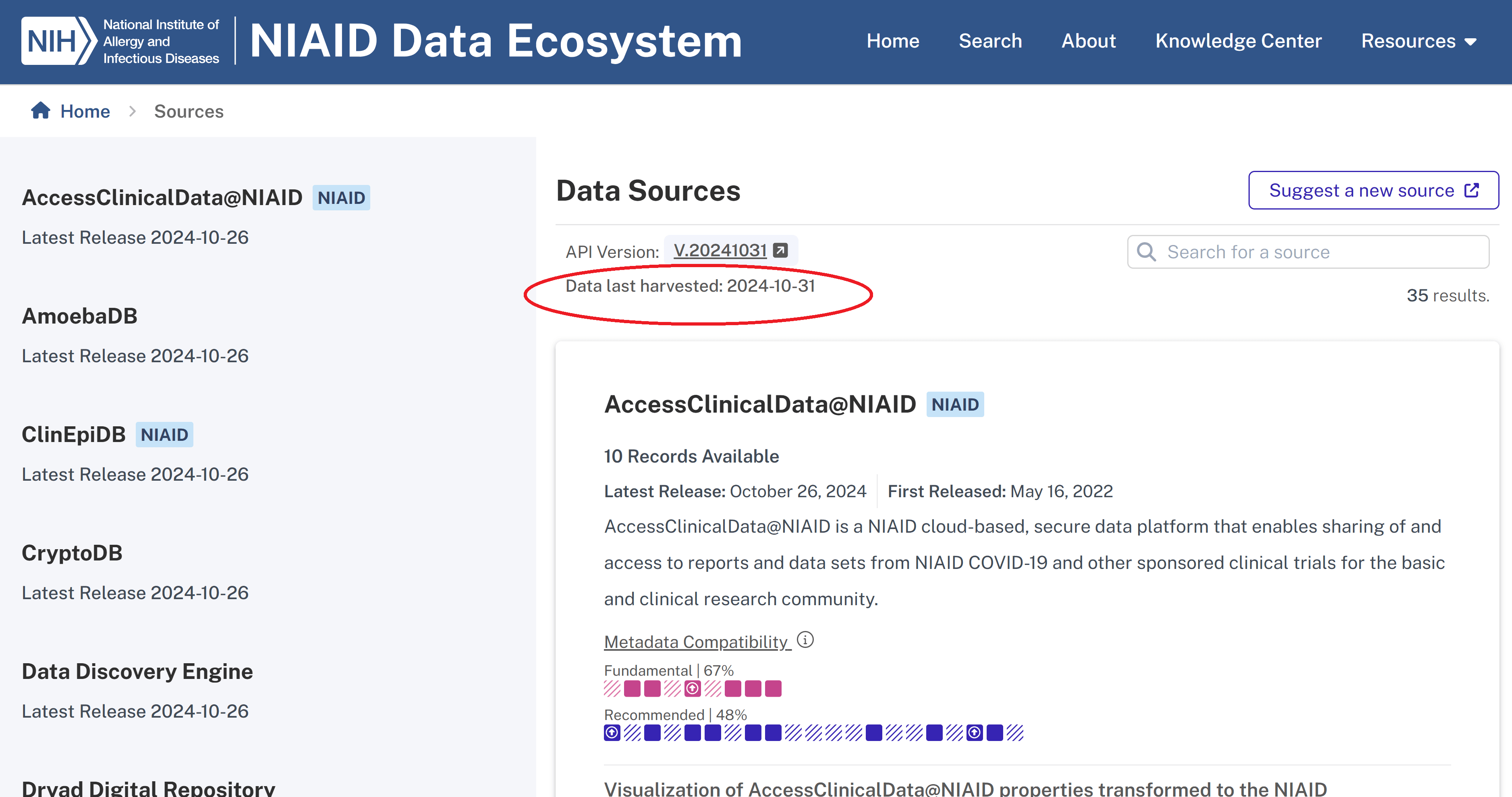 Screenshot of Sources page